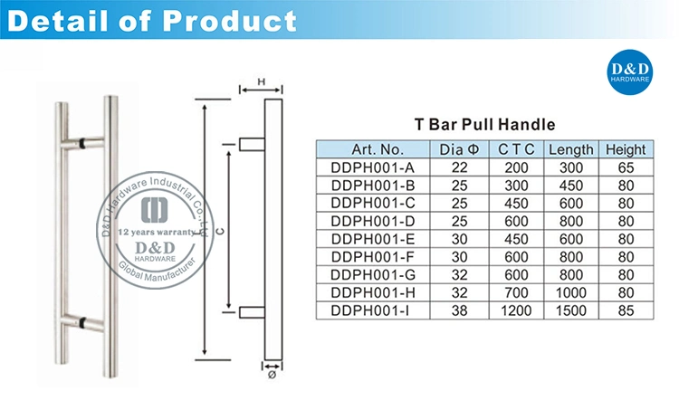 Stainless Steel 304 Decorative Commercial Door Hardware Accessories Back to Back Handle Silver T Bar Tube Glass Door Pull Handle